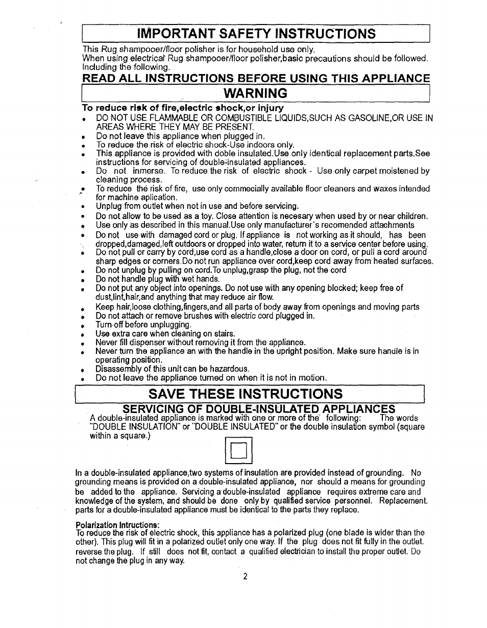 Important safety instructions, Read all instructions before using this appliance, Warning | Save these instructions, Servicing of double-insulated appliances | Sears 680.88973 User Manual | Page 2 / 12