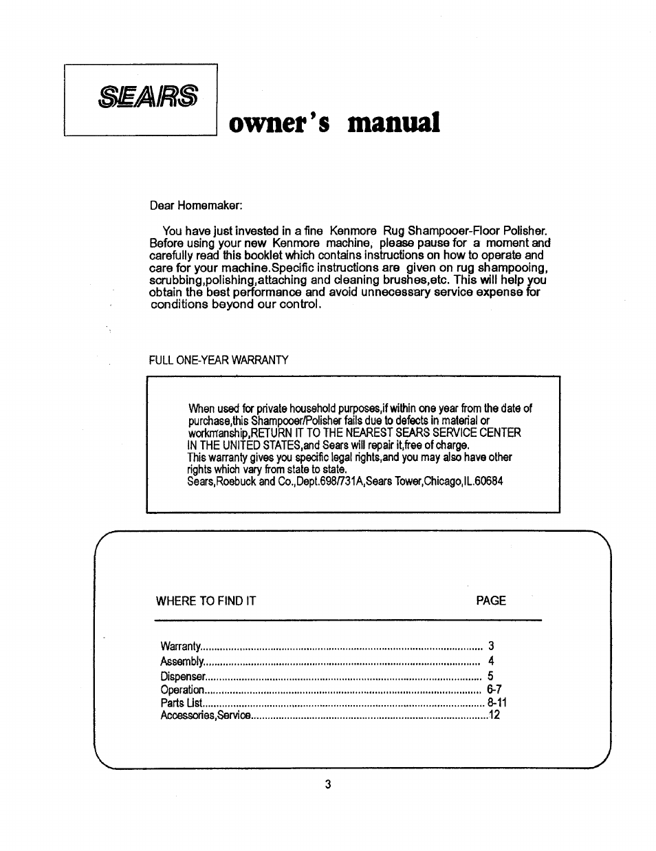 Owner’s manual | Sears 680.88973 User Manual | Page 3 / 12