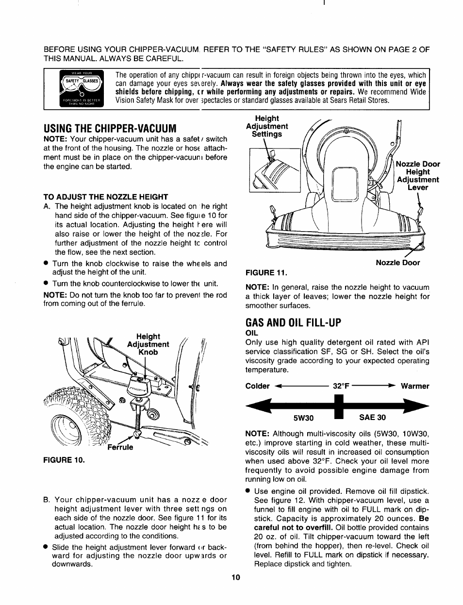 Using the chipper-vacuum, To adjust the nozzle height, Gas and oil fill-up | Sears 247.79963 User Manual | Page 10 / 52