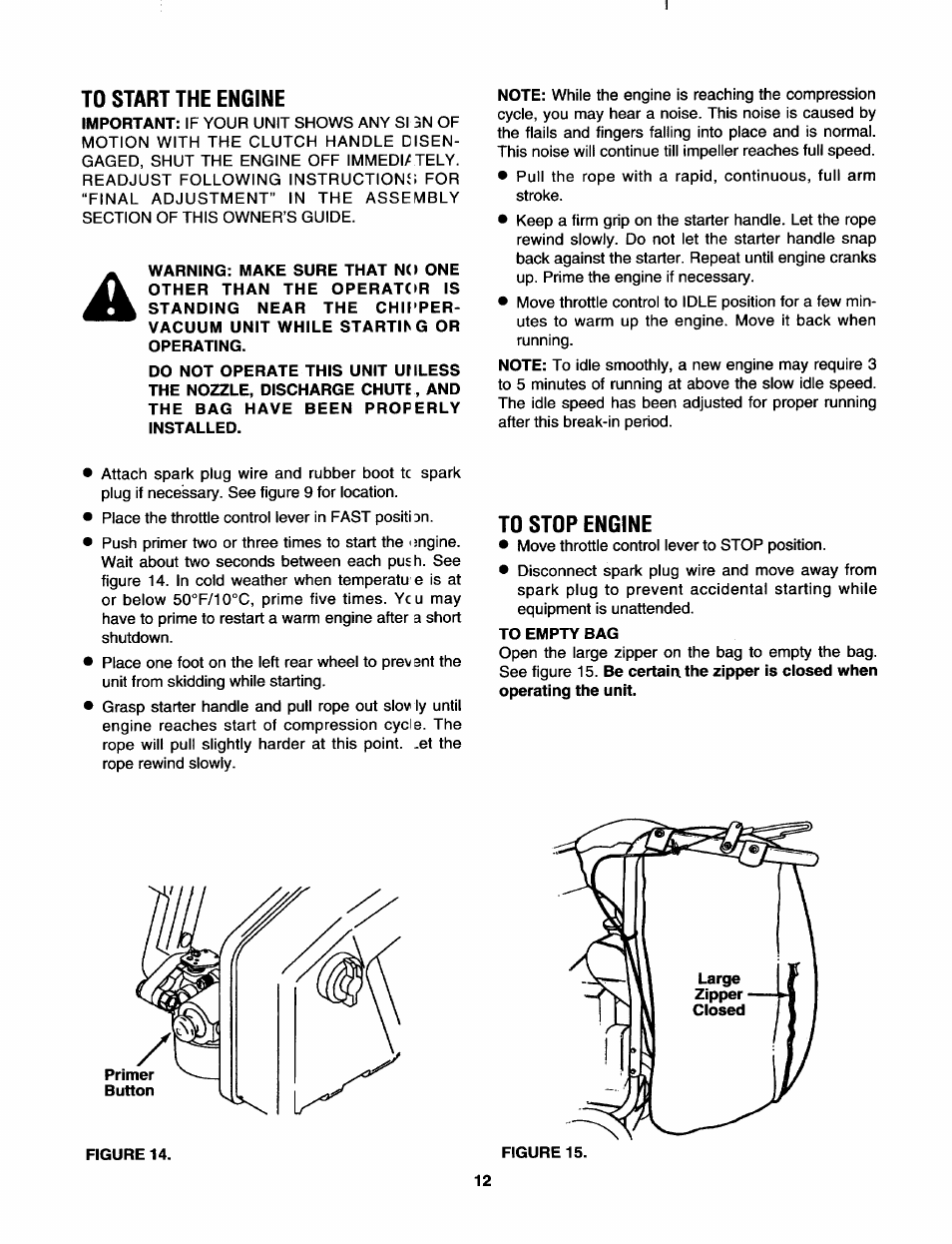 To start the engine, To stop engine, To empty bag | Figureis | Sears 247.79963 User Manual | Page 12 / 52