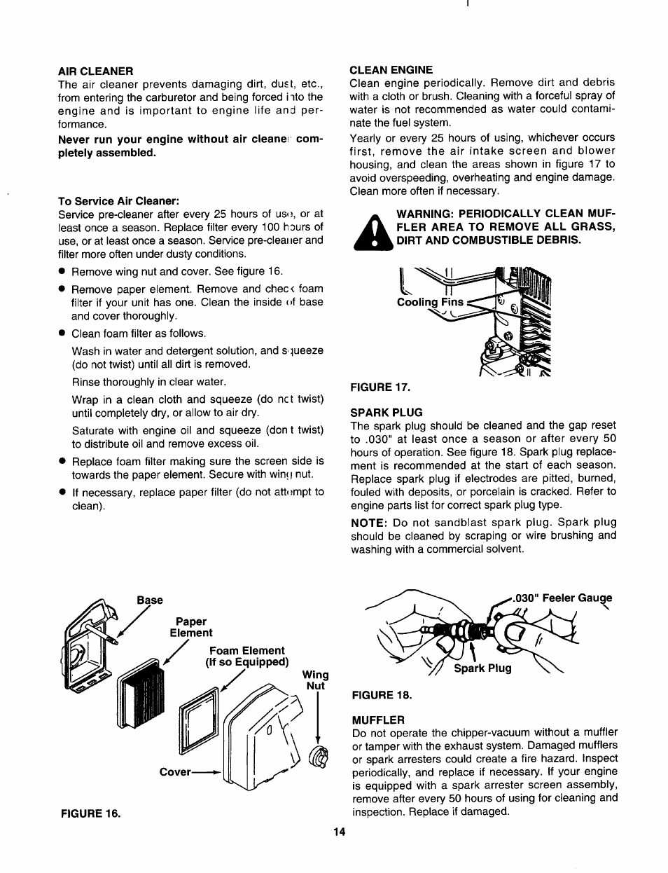Air cleaner, To service air cleaner, Clean engine | Figure 17, Spark plug, Muffler | Sears 247.79963 User Manual | Page 14 / 52