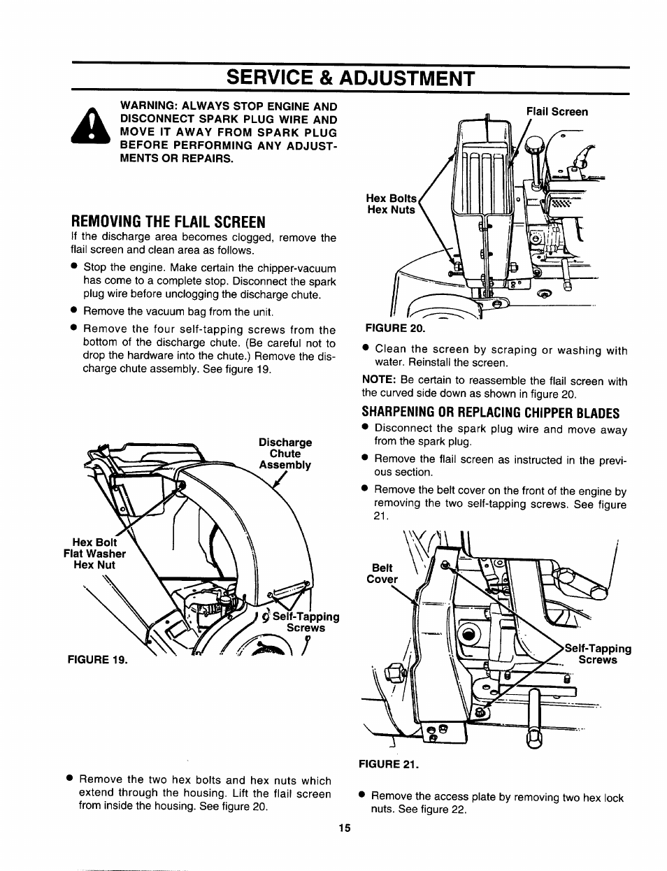 Service & adjustment, Removing the flail screen, Sharpening or replacing chipper blades | Service and adjustment -17 | Sears 247.79963 User Manual | Page 15 / 52