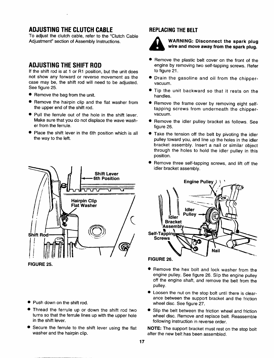 Adjusting the clutch cable, Replacing the belt, Adjusting the shift rod | Sears 247.79963 User Manual | Page 17 / 52