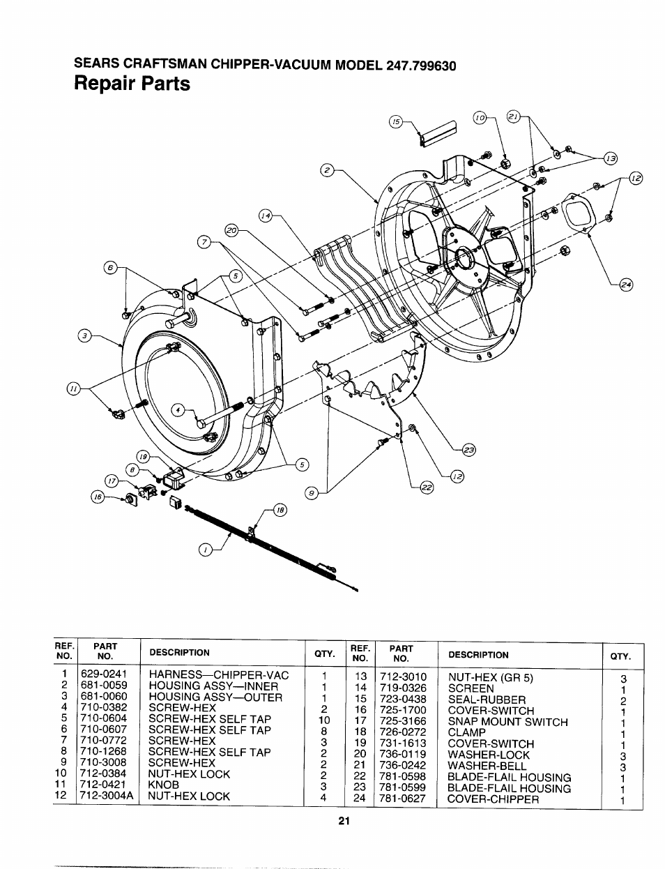 Repair parts | Sears 247.79963 User Manual | Page 21 / 52