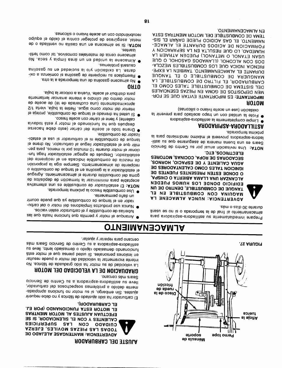 Ajuste del carburador, Graduacion de la velocidad del motor, Almacenamiento | Astilladora-aspiradora, Motor, Otrd | Sears 247.79963 User Manual | Page 35 / 52