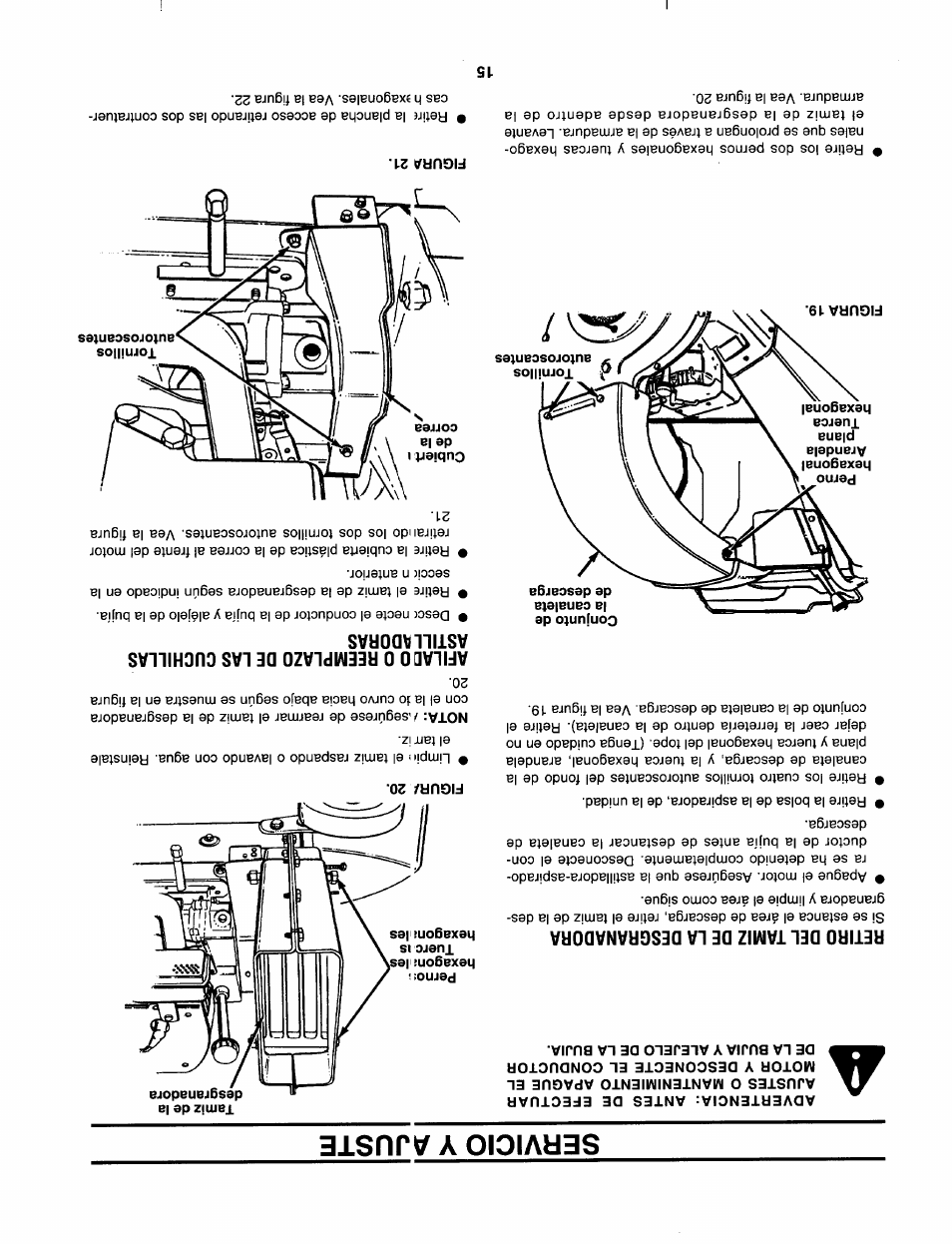 Servicio y ajuste, Retiro del tamiz de la desgranadora, Afiladd d reemplazd de las cuchillas astilluddras | Sears 247.79963 User Manual | Page 38 / 52