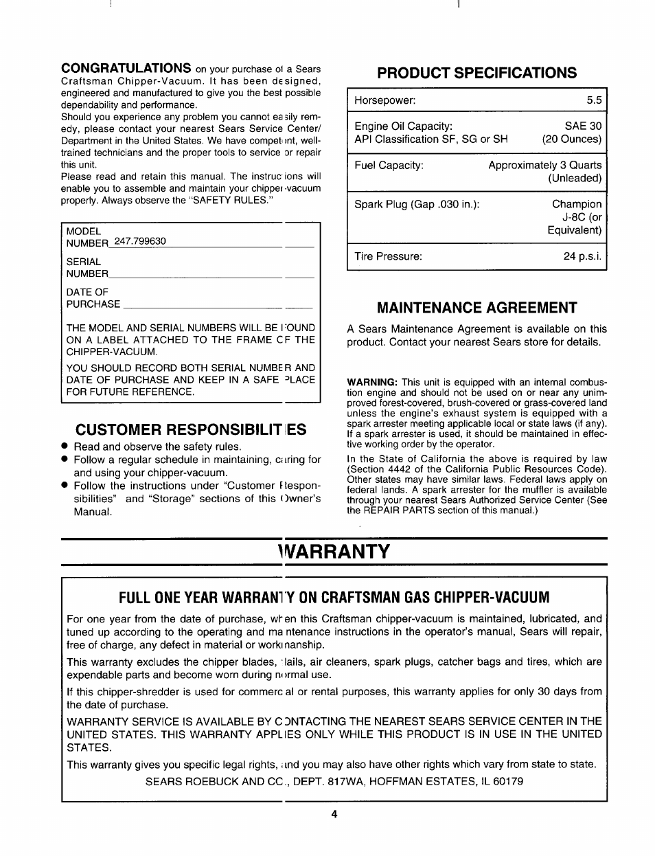 Product specifications, Customer responsibilities, Maintenance agreement | Warranty | Sears 247.79963 User Manual | Page 4 / 52