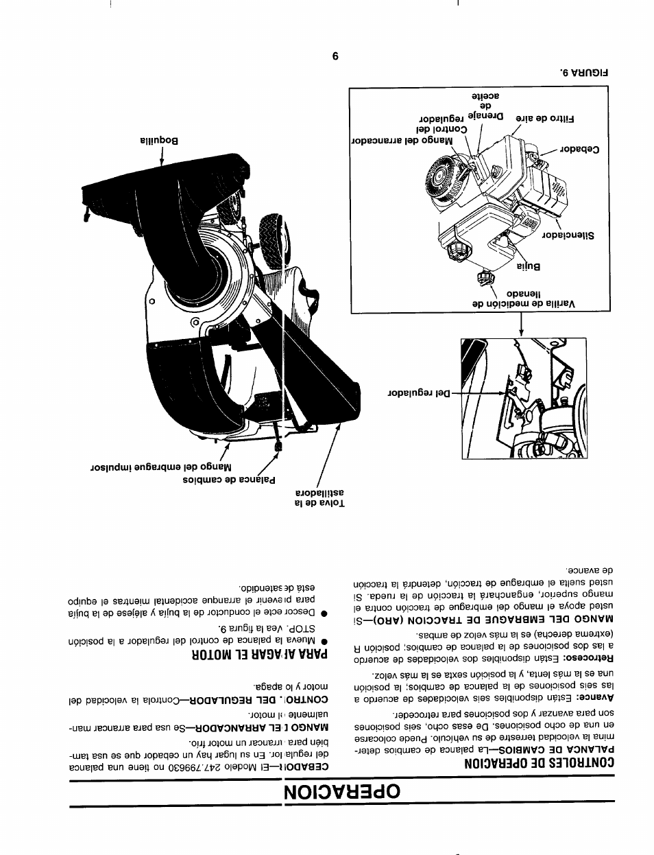 Operacion, Controles de operacion, Paraaf agar el motor | Sears 247.79963 User Manual | Page 44 / 52