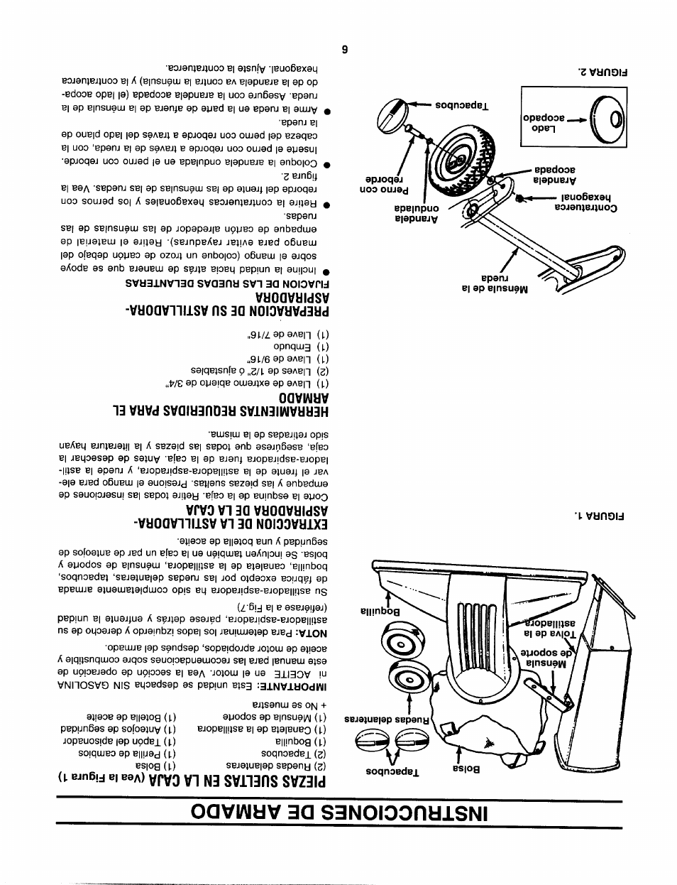 Instrucciones de armado, Piezas sueltas en la caja (vea la figura 1), Herramientas reoueridas para el armado | Preparacion de su astilladora- aspiradora, Piezas sueltas en la caja | Sears 247.79963 User Manual | Page 47 / 52