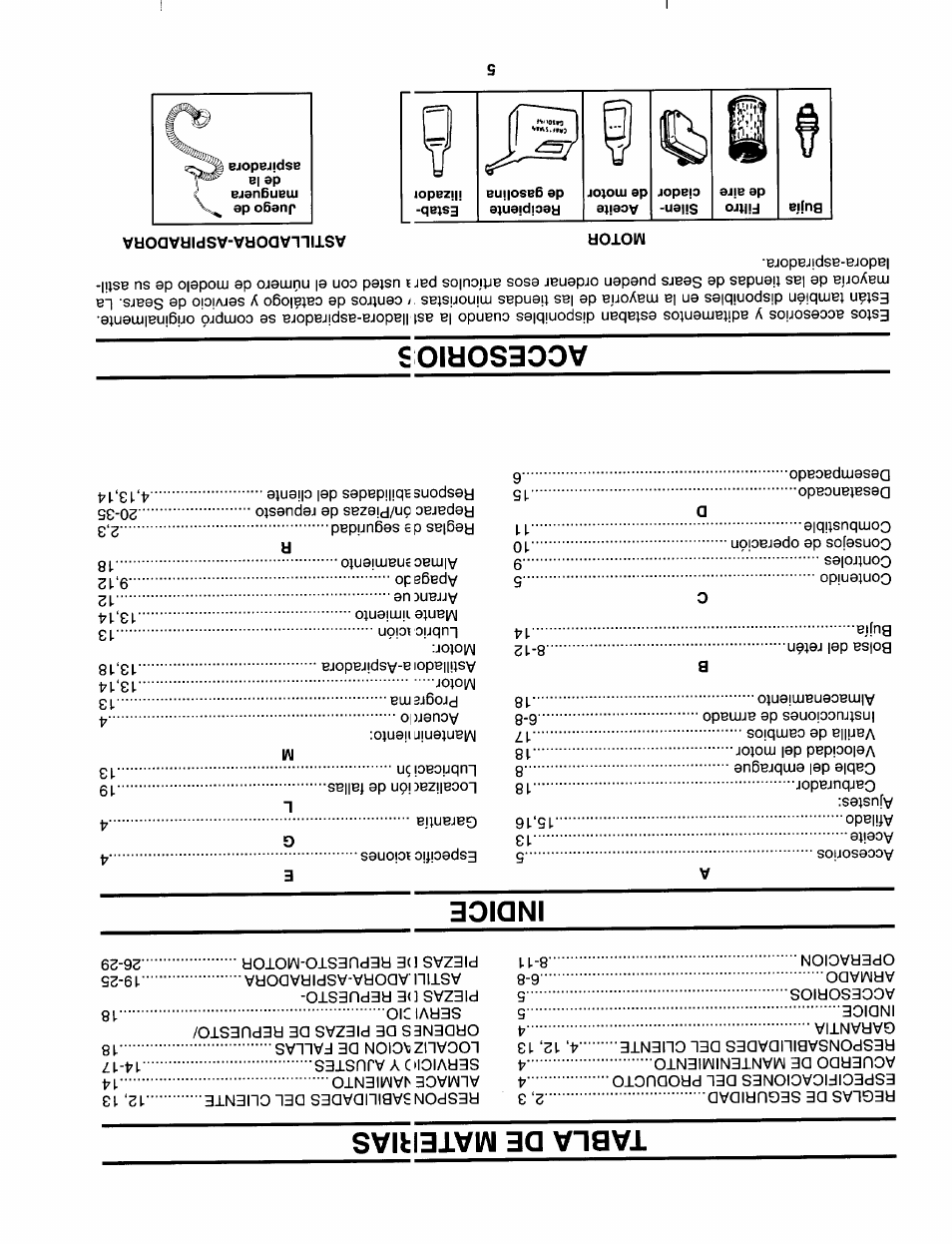 Astilladora-aspiradora, Tabla de matei^ias, Indice | Accesorios | Sears 247.79963 User Manual | Page 48 / 52
