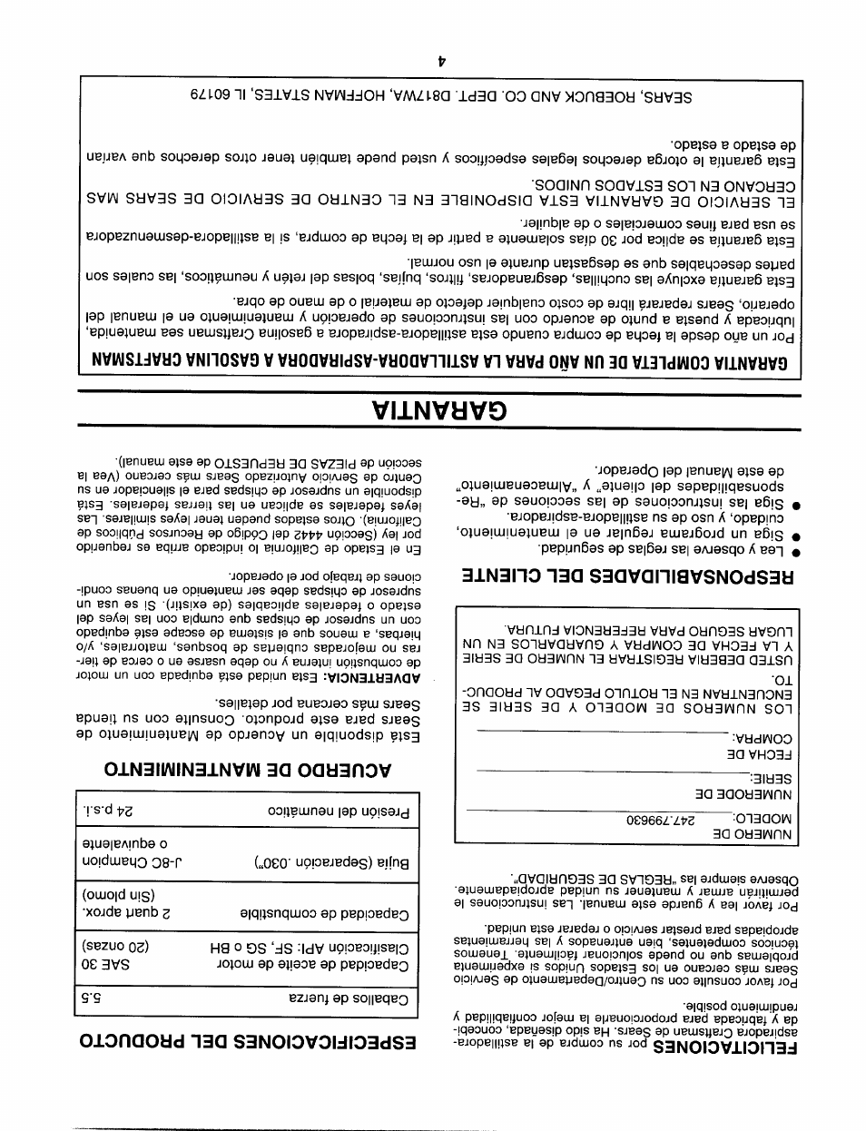 Especificaciones del producto, Responsabilidades del cuente, Acuerdo de mantenimiento | Garantia, Felicitaciones | Sears 247.79963 User Manual | Page 49 / 52