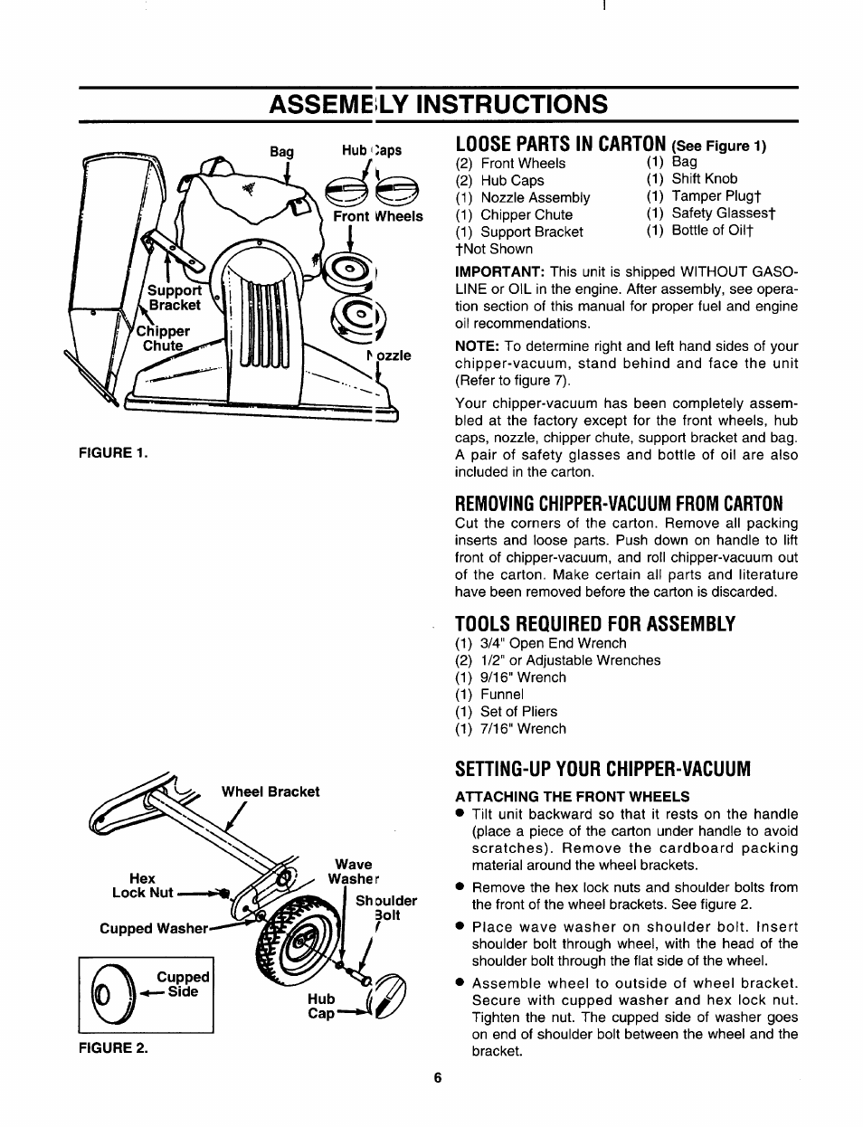Assemb ly instructions, Removing chipper-vacuum from carton, Tools required for assembly | Setting-up your chipper-vacuum, Attaching the front wheels, Loose parts in carton | Sears 247.79963 User Manual | Page 6 / 52