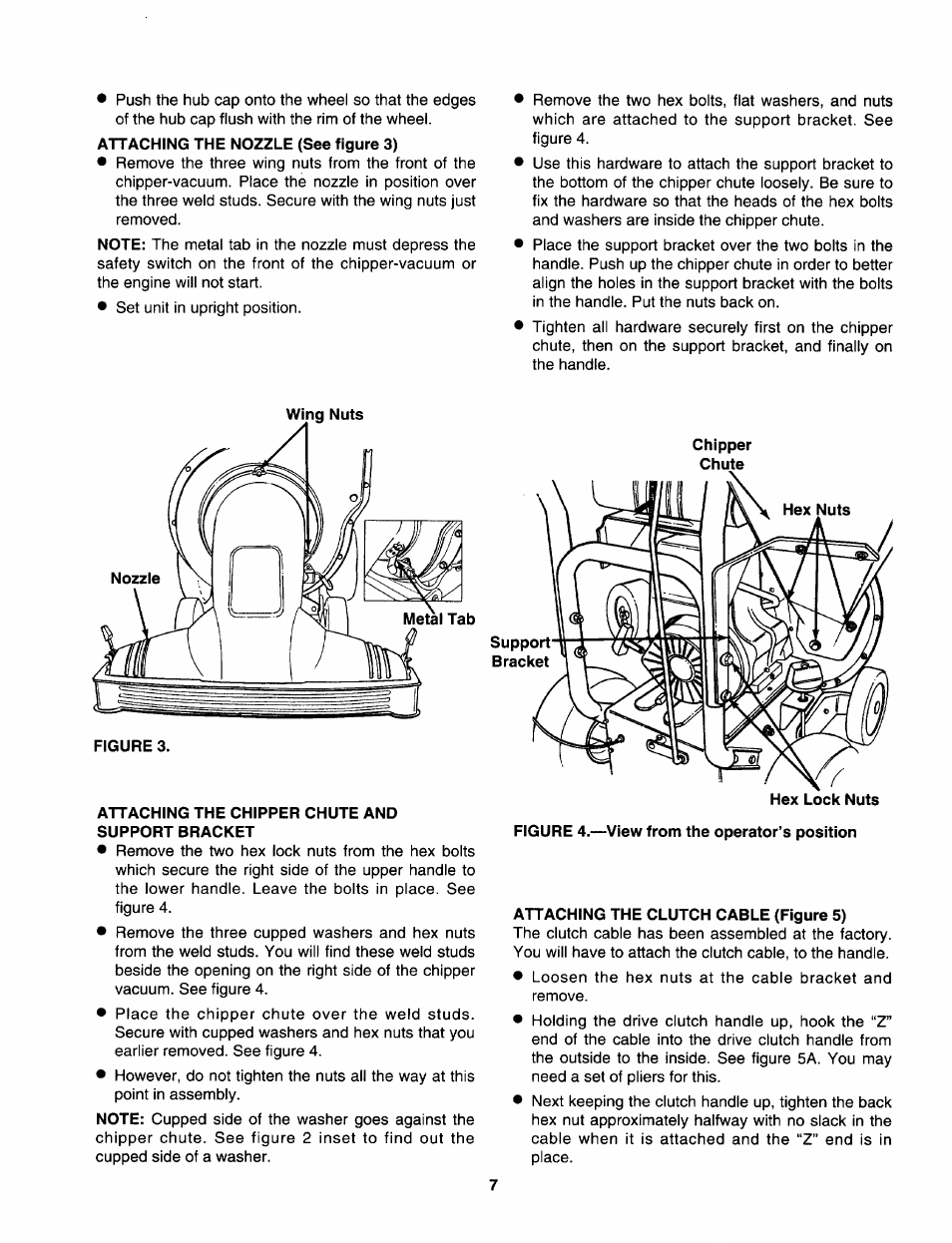 Attaching the chipper chute and support bracket, Attaching the clutch cable (figure 5) | Sears 247.79963 User Manual | Page 7 / 52