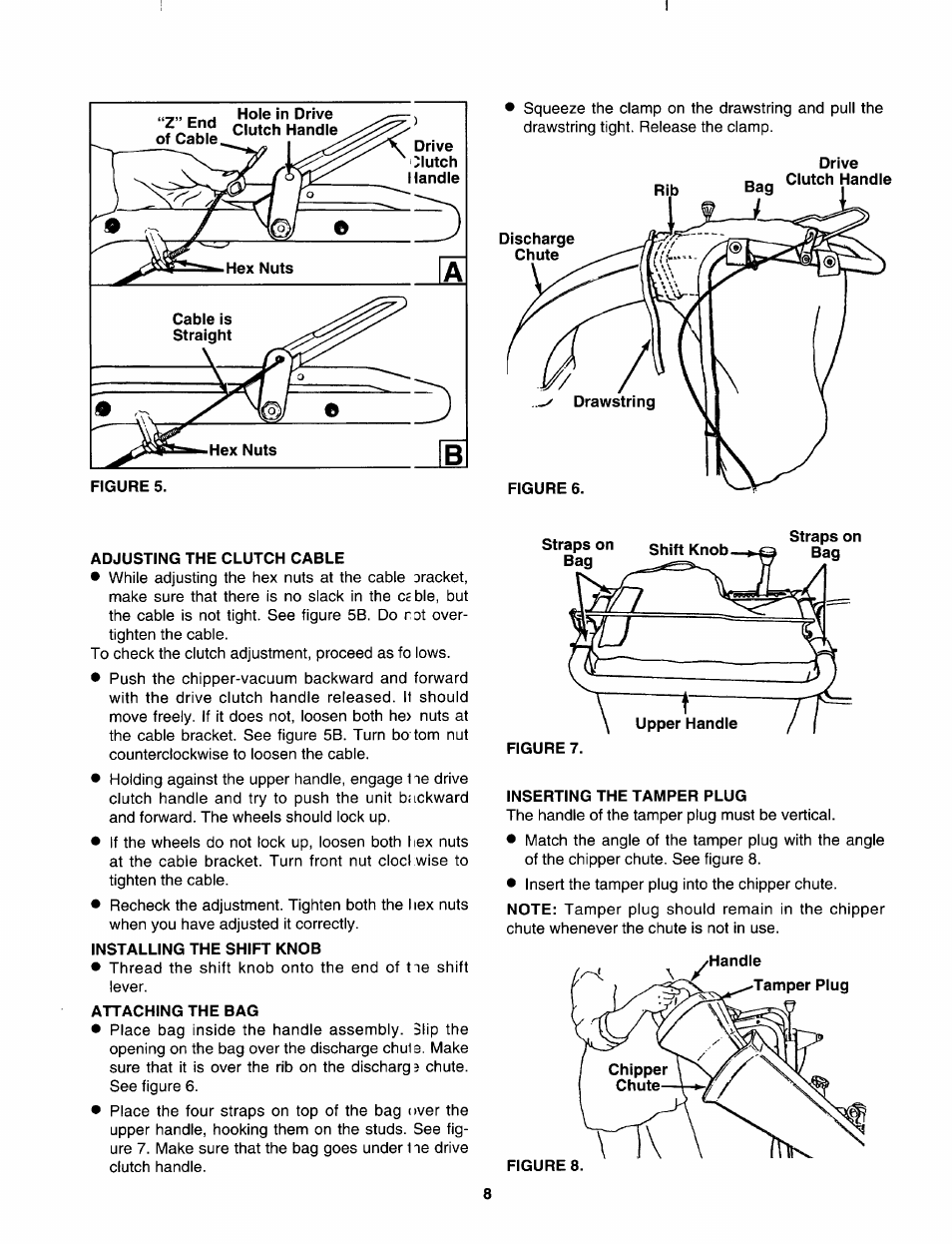 Adjusting the clutch cable, Installing the shift knob, Attaching the bag | Sears 247.79963 User Manual | Page 8 / 52