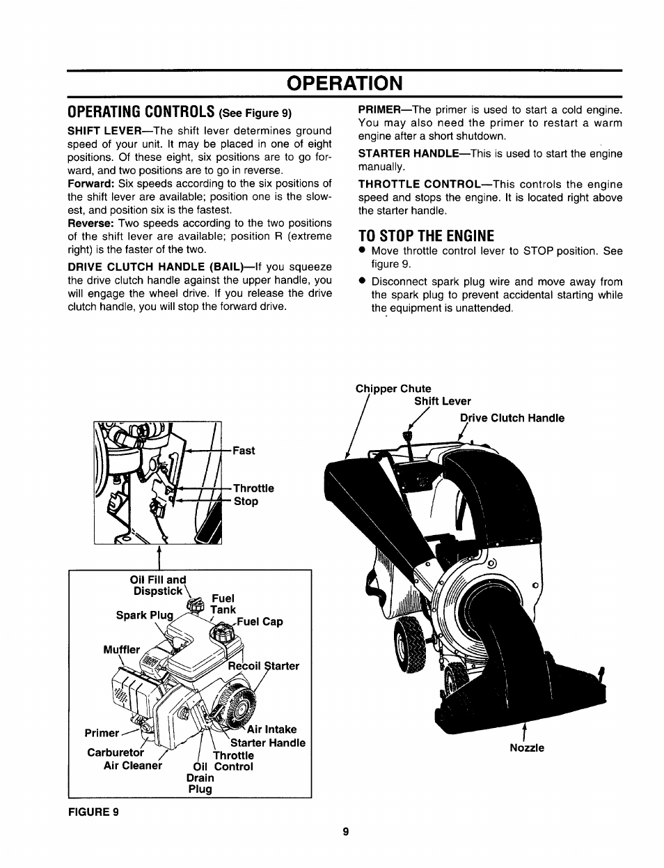 Operation, Operating controls (see figure 9), To stop the engine | Fuel, Primer, Operation -11, Operating controls | Sears 247.79963 User Manual | Page 9 / 52