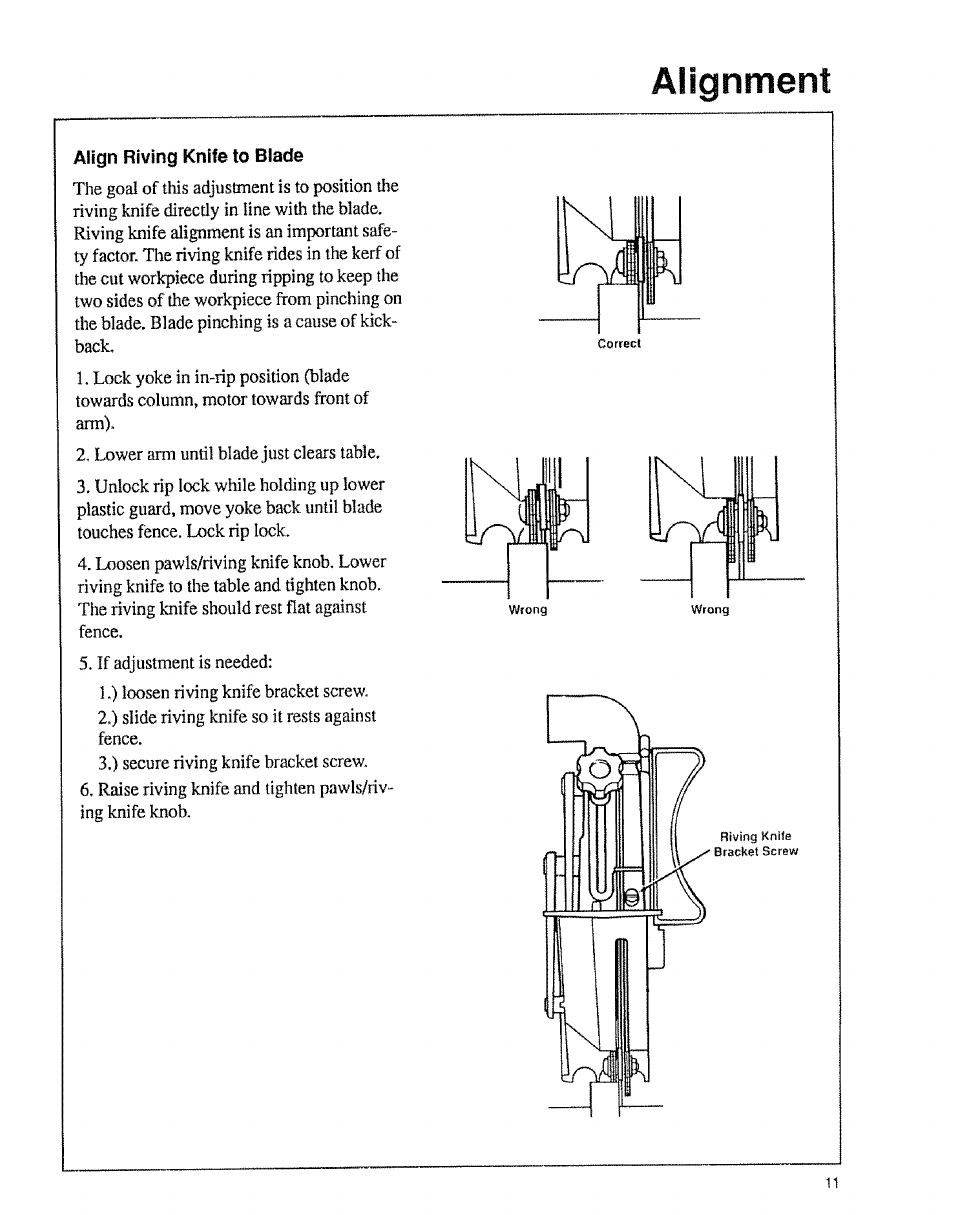 Align riving knife to blade, Alignment | Sears 9-29012 User Manual | Page 11 / 20