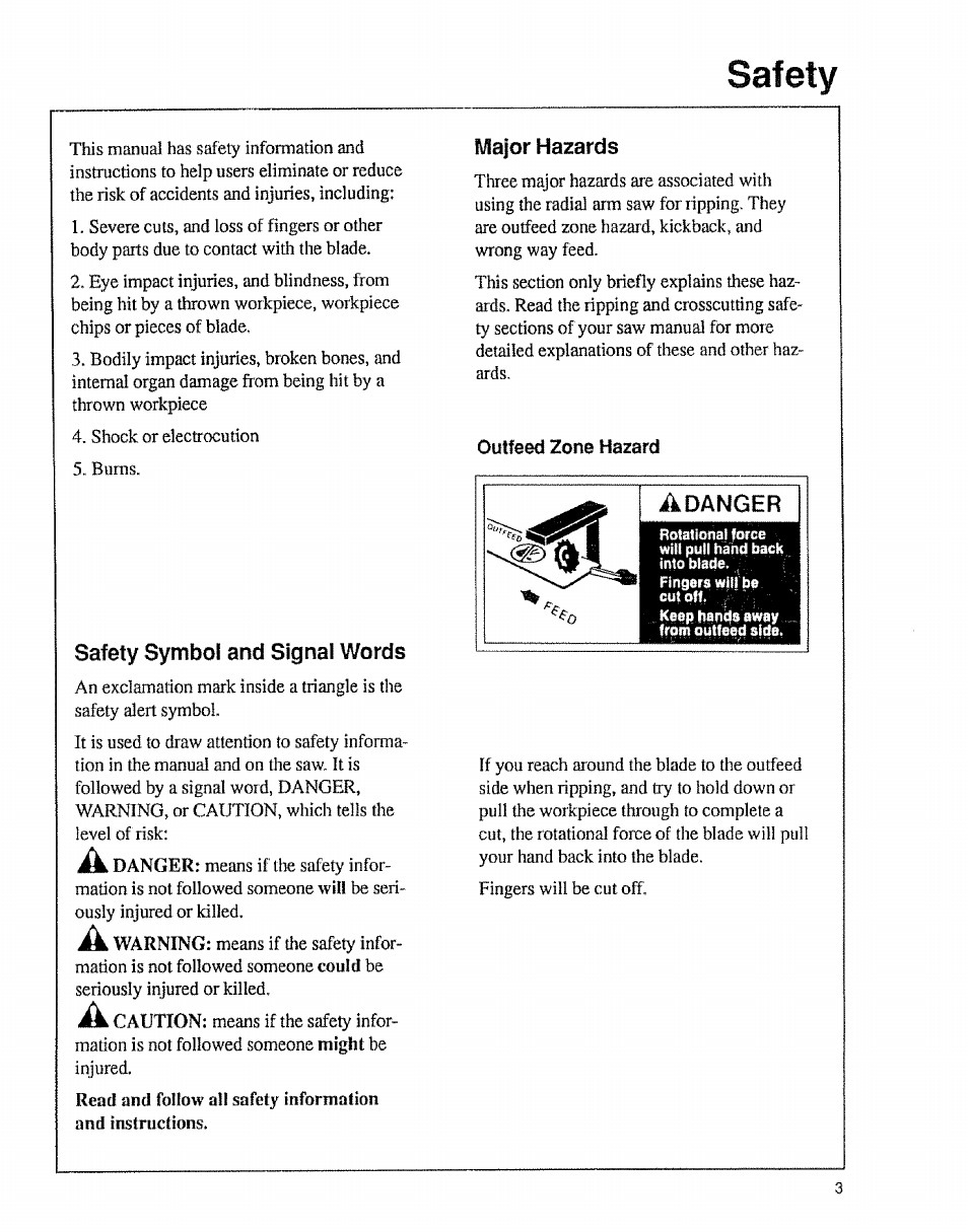 Outfeed zone hazard, Safety | Sears 9-29012 User Manual | Page 3 / 20