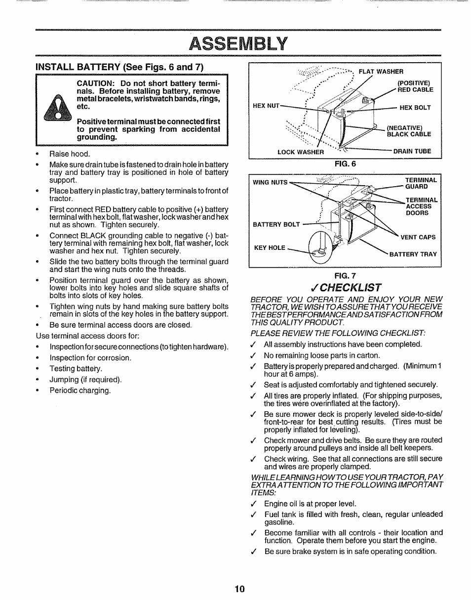 Install battery (see figs. 6 and 7), Assembly, Checklist | Sears 917.25597 User Manual | Page 10 / 56