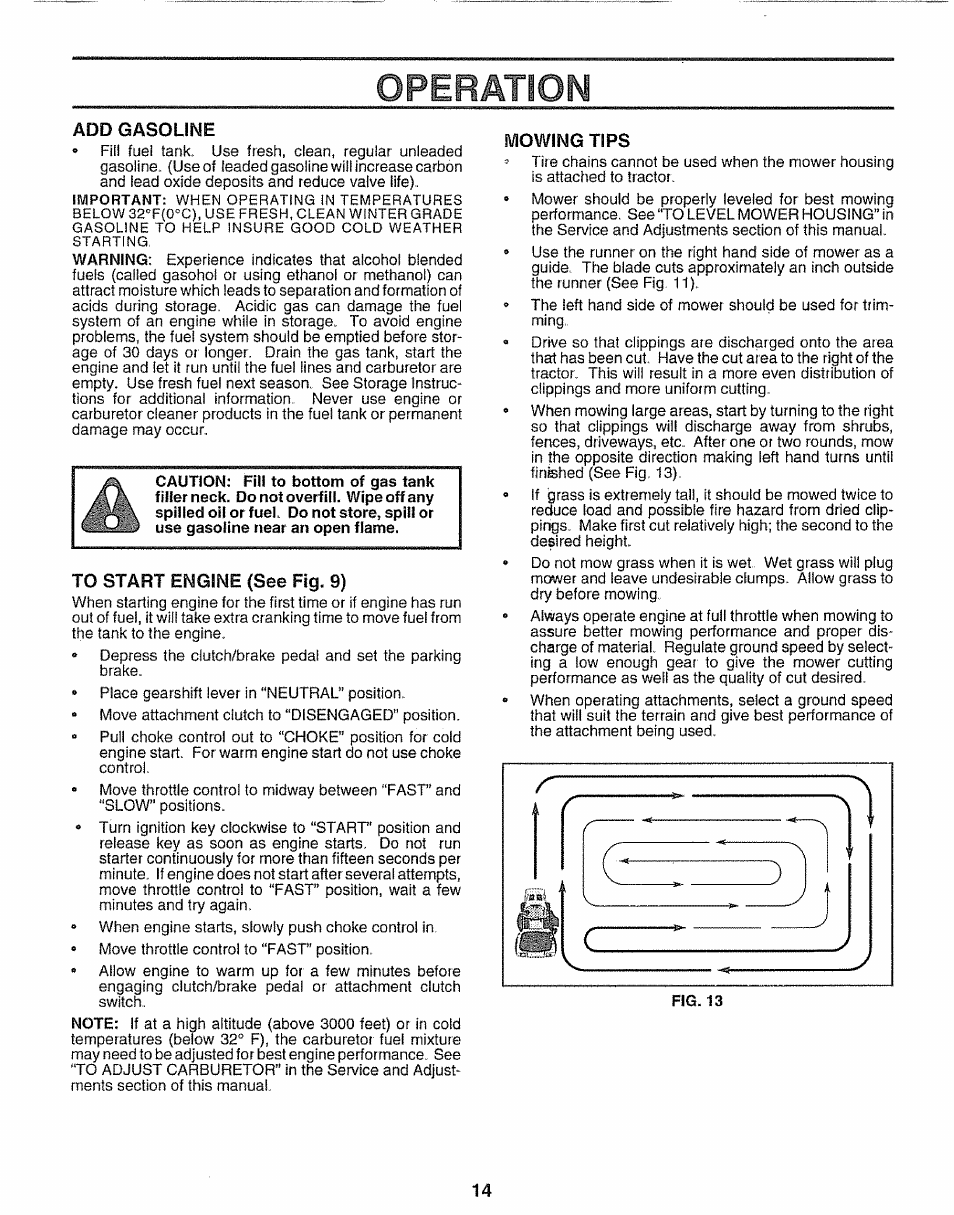 Add gasoline, To start engine (see fig. 9), Mowing tips | Operation | Sears 917.25597 User Manual | Page 14 / 56
