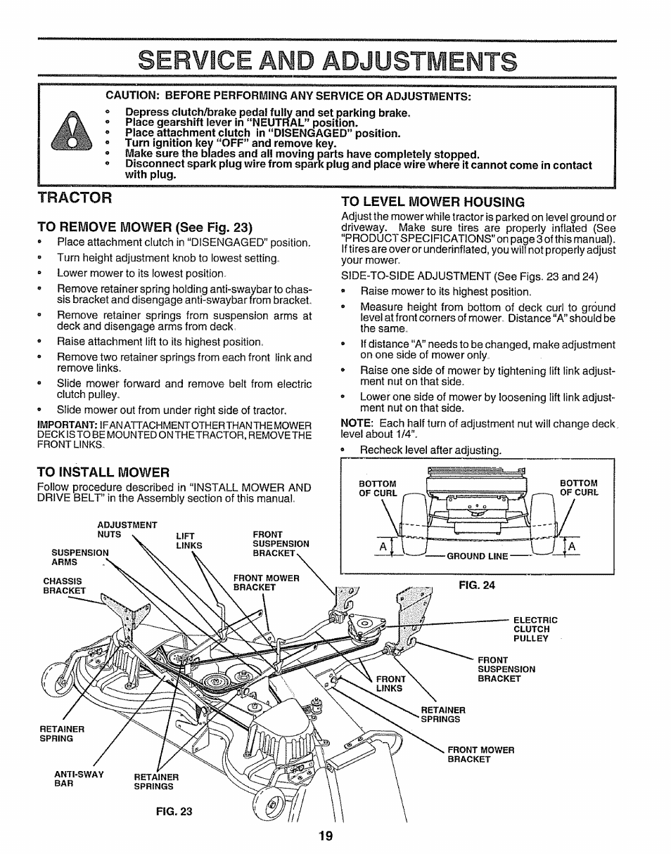 Tractor, To remove mower (see fig. 23), To level mower housing | Service and adjustments | Sears 917.25597 User Manual | Page 19 / 56
