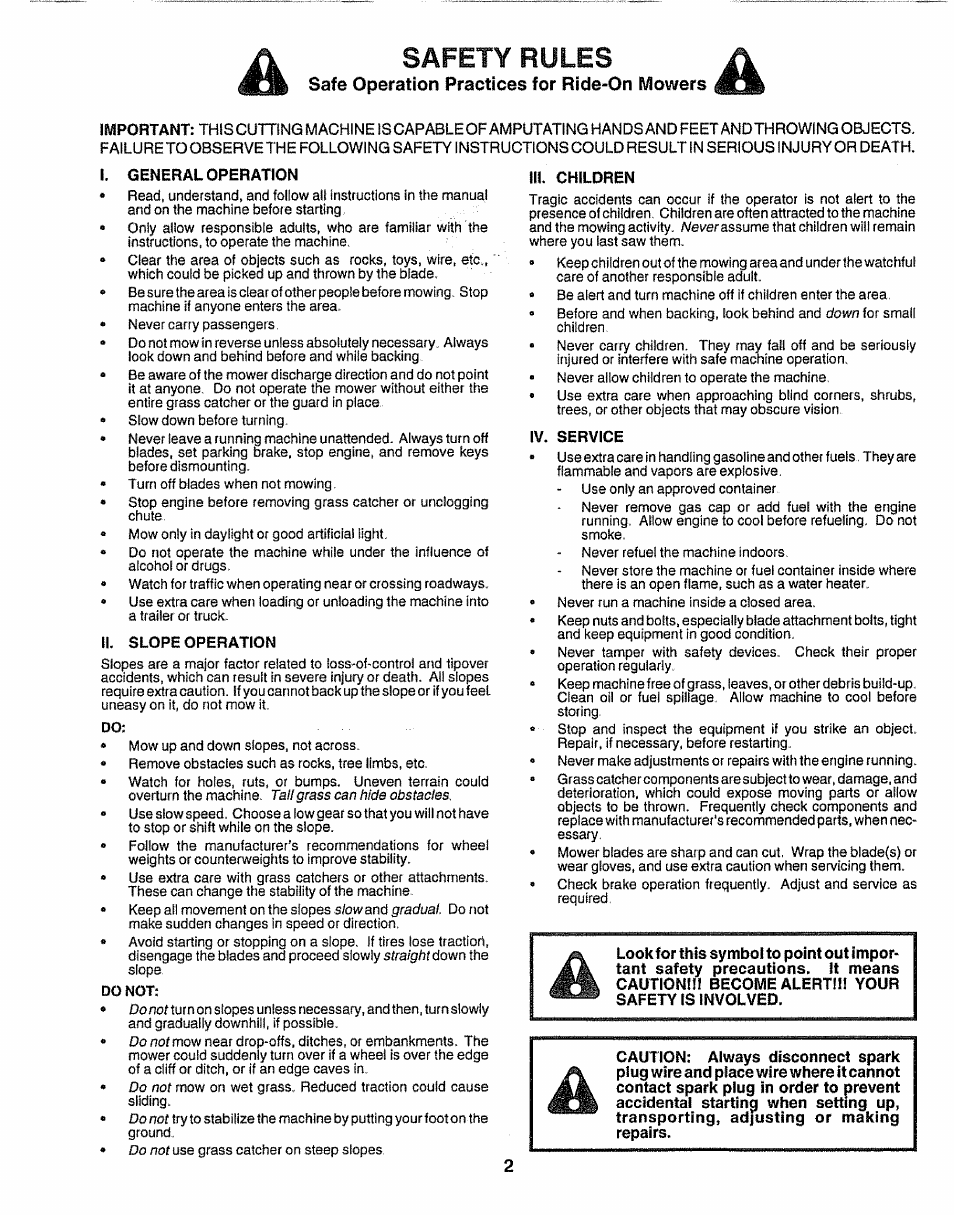 Safety rules, Safe operation practices for ride-on mowers, I. general operation | Ii. slope operation, Iii. children, Iv. service | Sears 917.25597 User Manual | Page 2 / 56