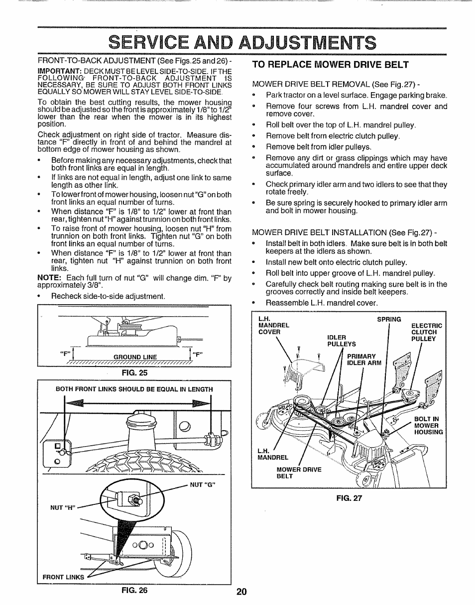 To replace mower drive belt, Service and adjustments | Sears 917.25597 User Manual | Page 20 / 56