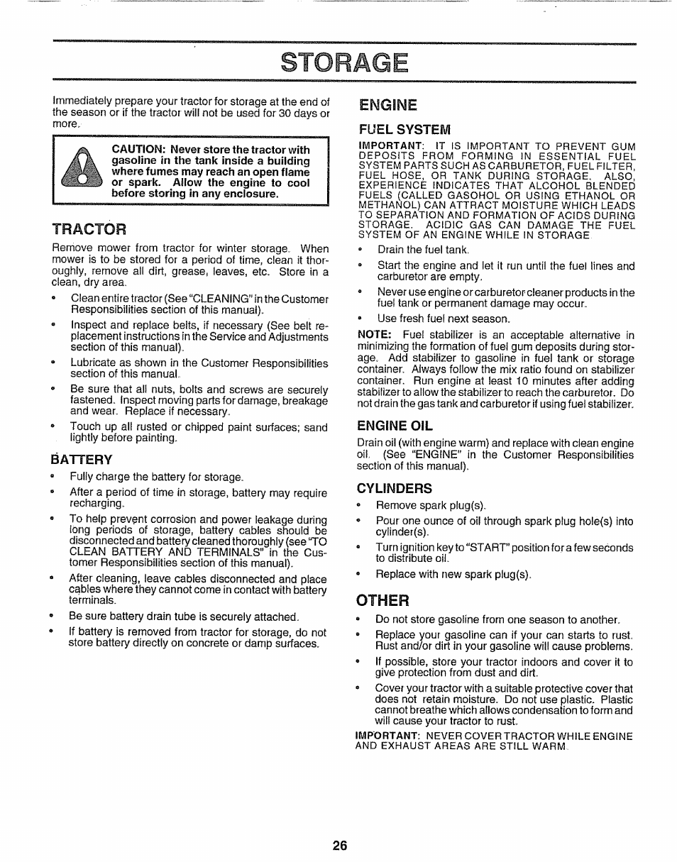 Storage, Tractor, Battery | Engine, Fuel system, Engine oil, Cylinders, Other | Sears 917.25597 User Manual | Page 26 / 56