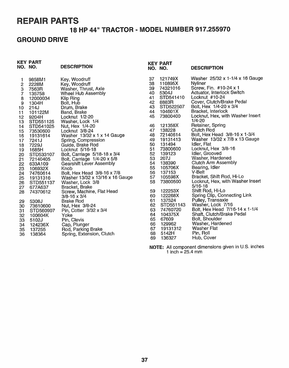 Ground drive, Model number 917.255970, Parts | Repair, 18 hp 44” tractor | Sears 917.25597 User Manual | Page 37 / 56