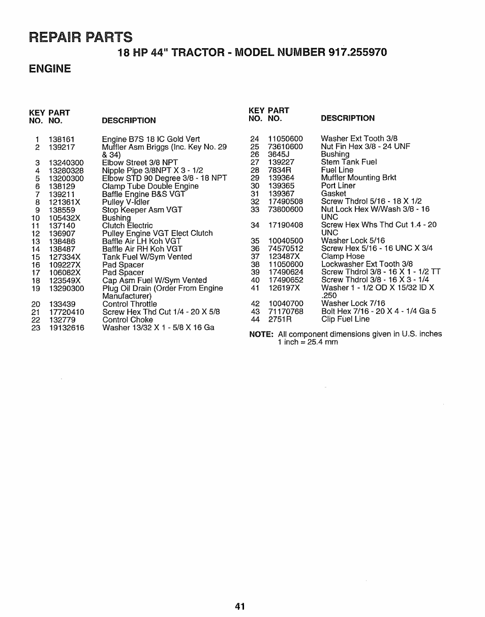 Engine, Repair parts | Sears 917.25597 User Manual | Page 41 / 56