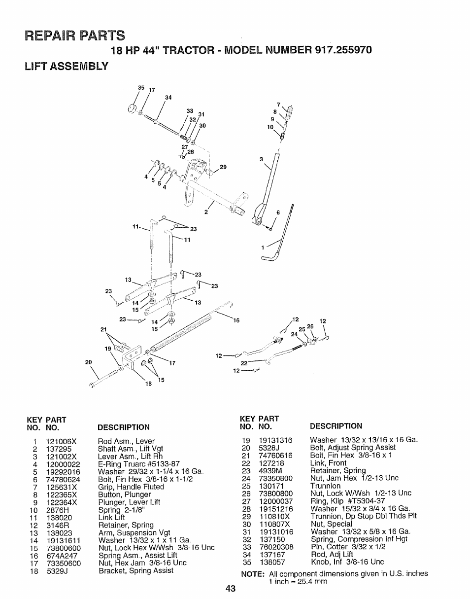 Lift assembly, Repair parts | Sears 917.25597 User Manual | Page 43 / 56