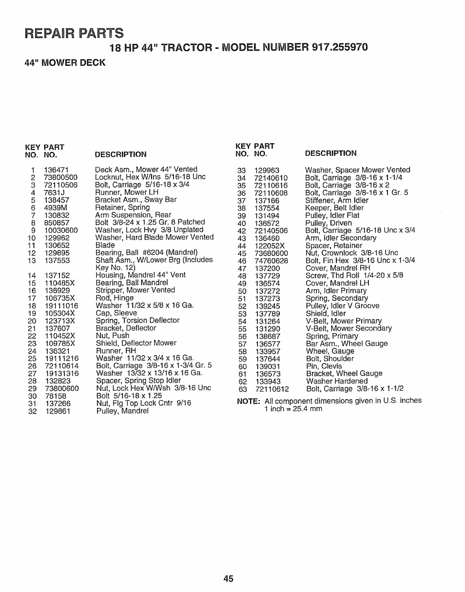 44" mower deck, Repair parts | Sears 917.25597 User Manual | Page 45 / 56