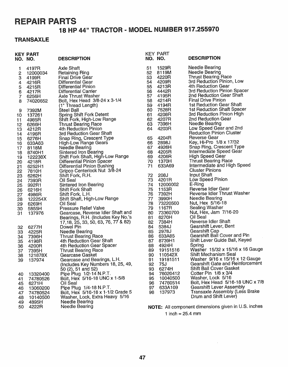 Transaxle, Repair parts | Sears 917.25597 User Manual | Page 47 / 56