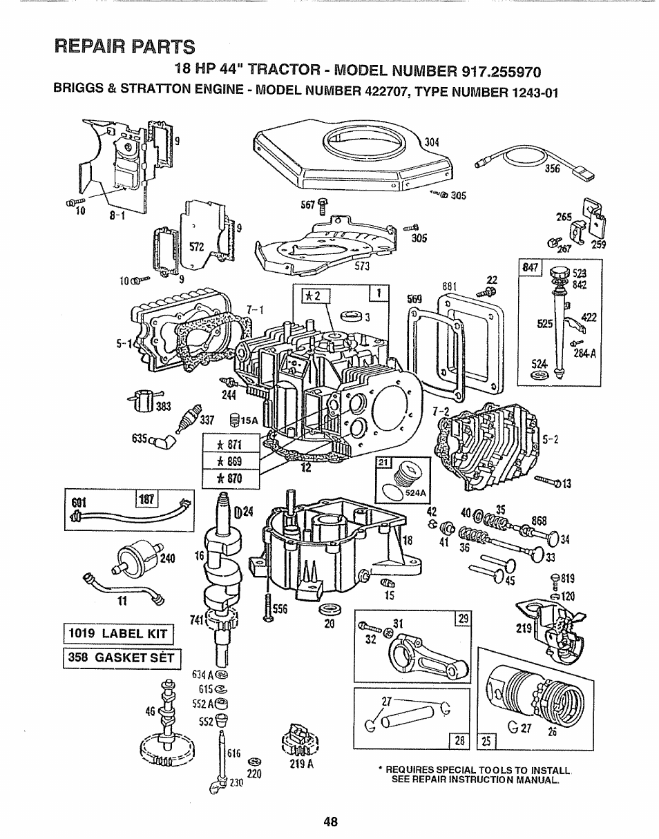 18 hp 44" tractor - model number 917.255970, Repair parts | Sears 917.25597 User Manual | Page 48 / 56