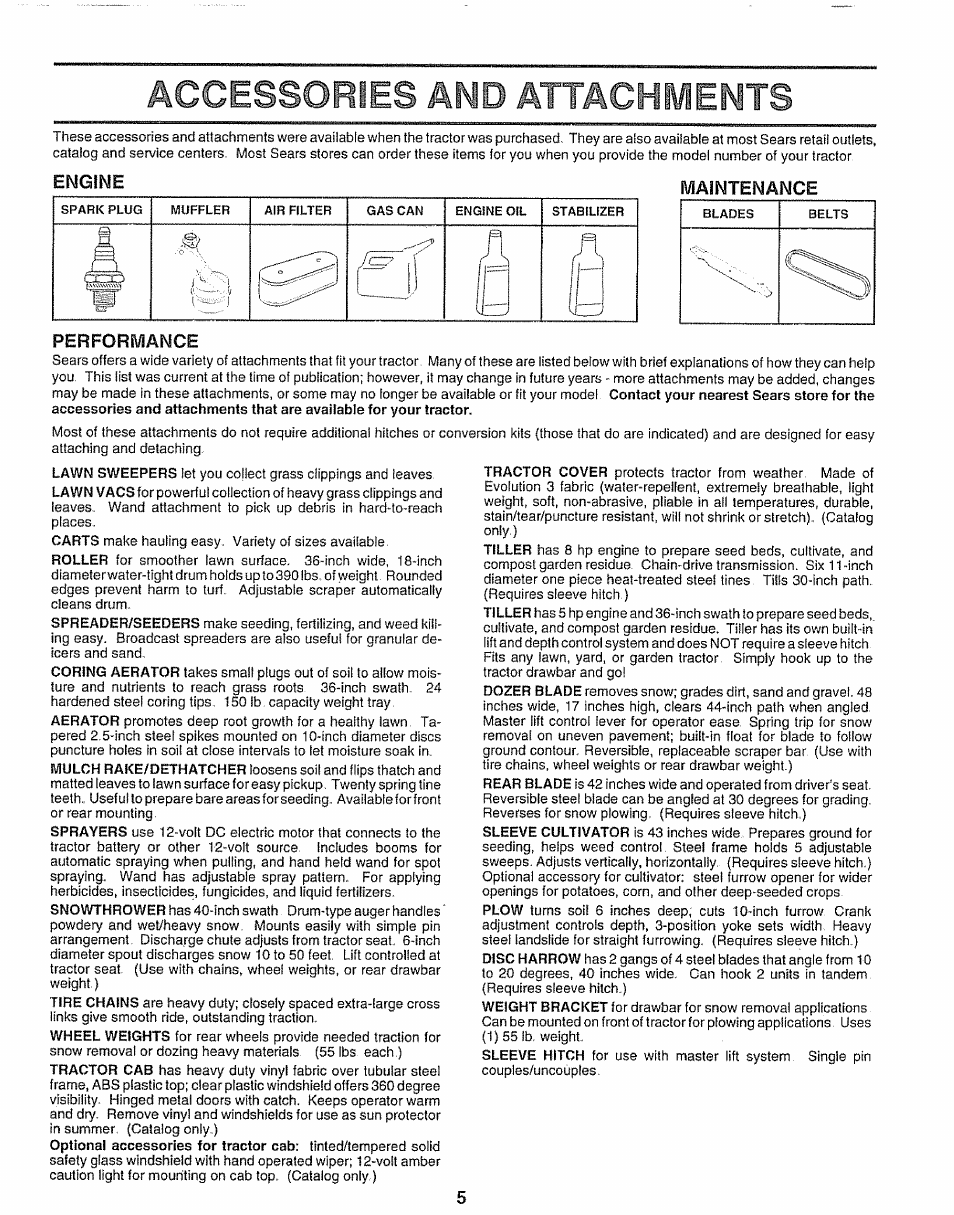 Engine, Performance, Accessories amd attachments | Engine performance | Sears 917.25597 User Manual | Page 5 / 56