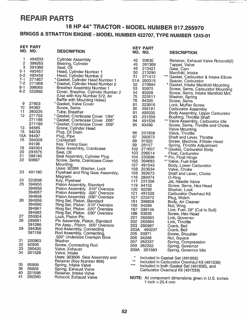 18 hp 44" tractor - model number 917.255970, Description, Repair parts | Sears 917.25597 User Manual | Page 52 / 56