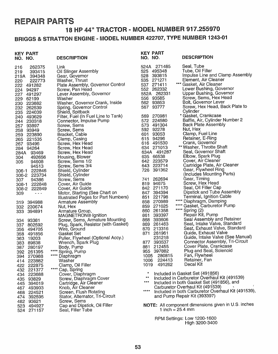 Repair parts | Sears 917.25597 User Manual | Page 53 / 56
