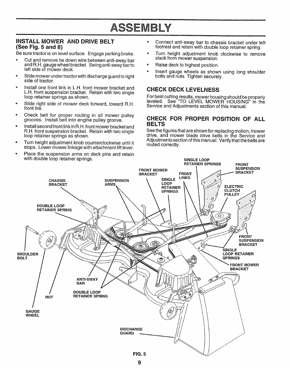 Install mower and drive belt (see fig. 5 and 8), Check deck levelness, Check for proper position of all | Belts, Assembly | Sears 917.25597 User Manual | Page 9 / 56