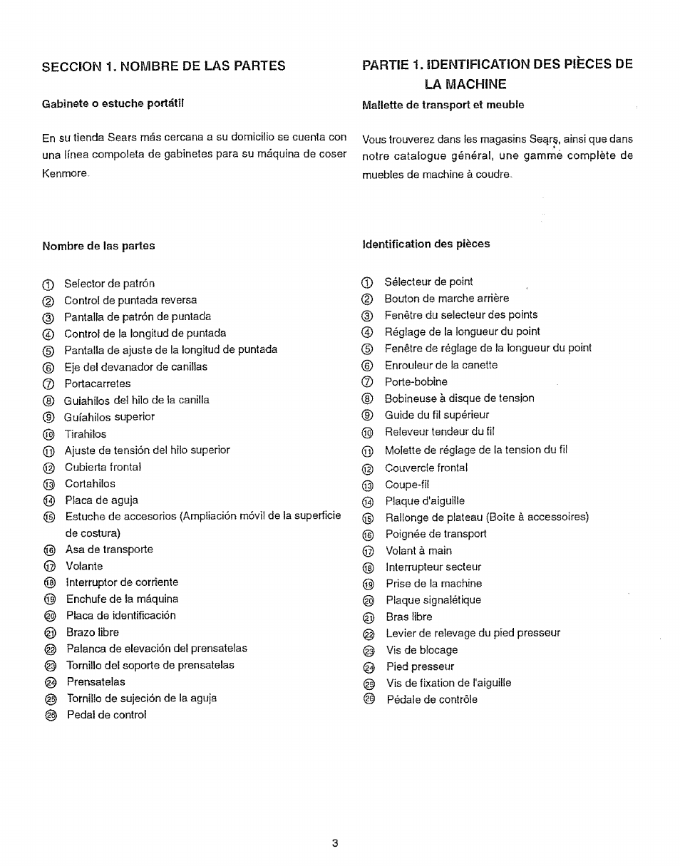 Seccion 1. nombre de las partes, Gabinete o estuche portátíi, Identification des pièces | Identiiicatlon des pièces | Sears 385.12912 User Manual | Page 11 / 79