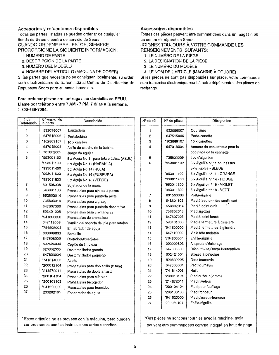 Accesorios y refacciones disponibles, Accessoires disponibles | Sears 385.12912 User Manual | Page 13 / 79