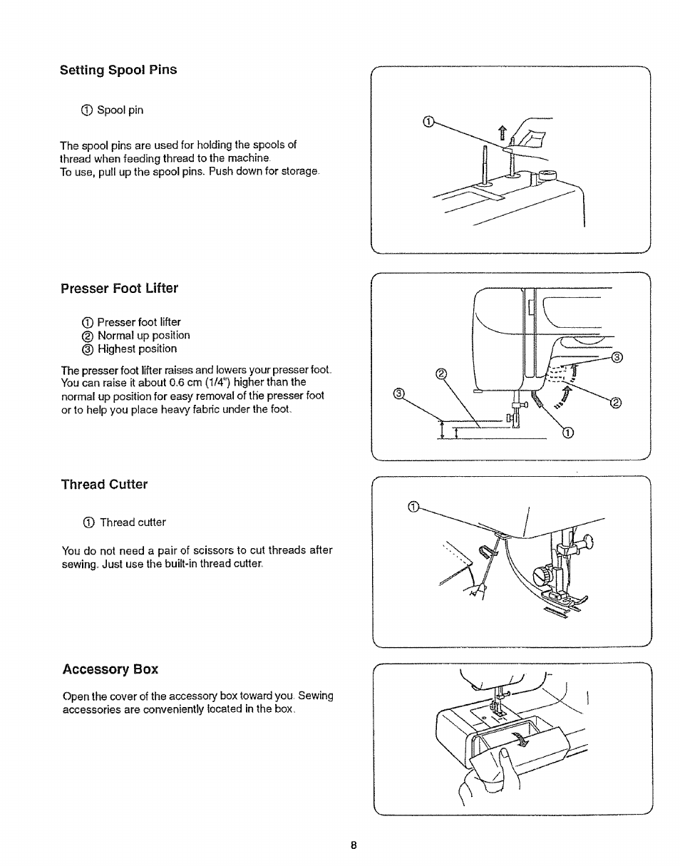 Setting spool pins, Presser foot lifter, Thread cutter | Accessory box, Thread cutter— accessory box | Sears 385.12912 User Manual | Page 16 / 79