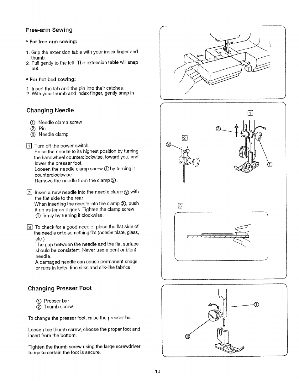 Free-arm sewing, For frse-arm sewing, Changing needle | Changing presser foot, For free-arm sewing, Changing needle changing presser foot | Sears 385.12912 User Manual | Page 18 / 79