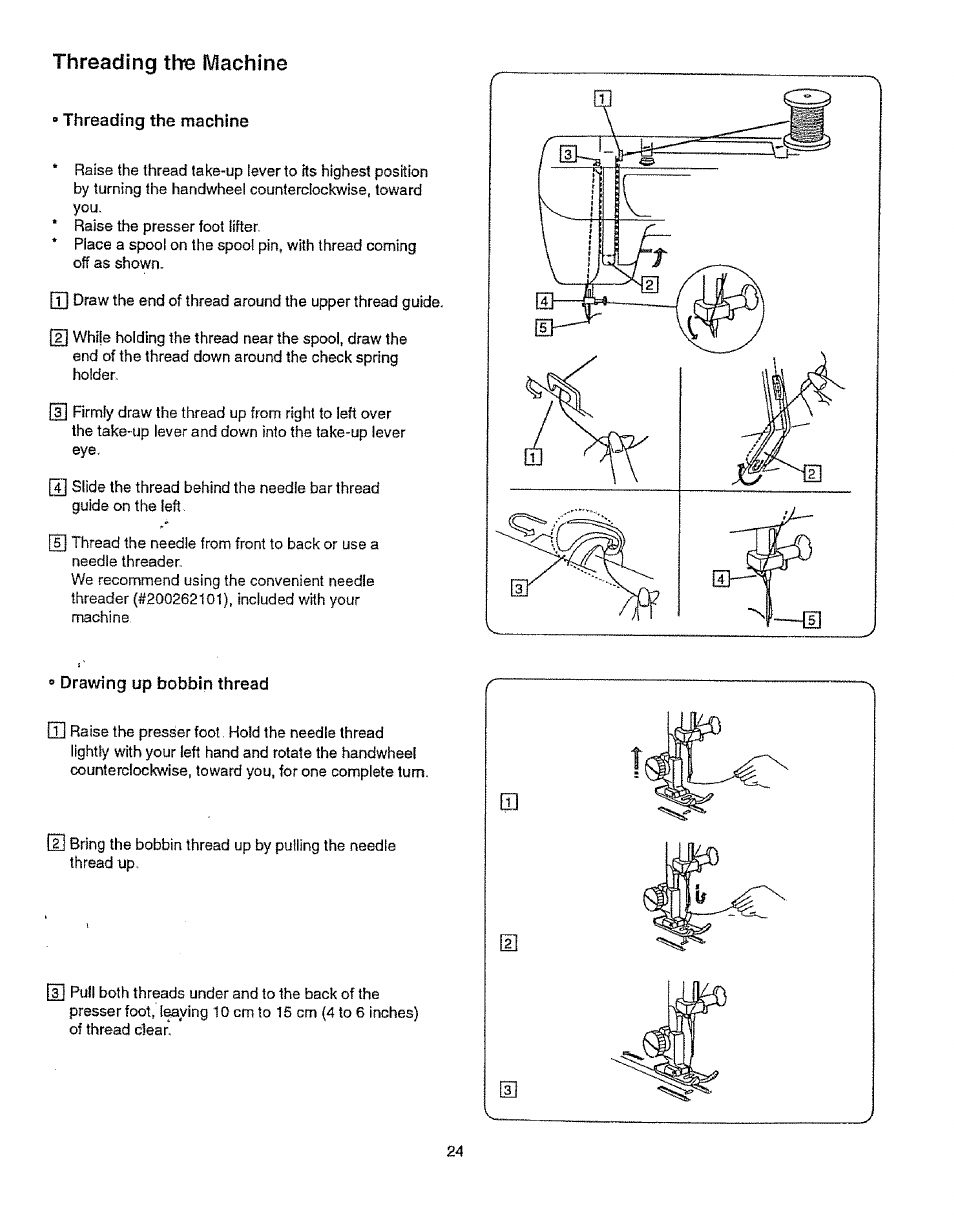 Threading the machine, Drawing up bobbin thread | Sears 385.12912 User Manual | Page 32 / 79