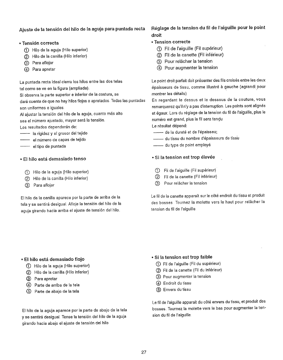 Tensión correcta, El hilo está demasiado tenso, Si la tension est trop élevée | E1 hilo está demasiado flojo, Si ta tension est trop faible, Tension correcte | Sears 385.12912 User Manual | Page 35 / 79