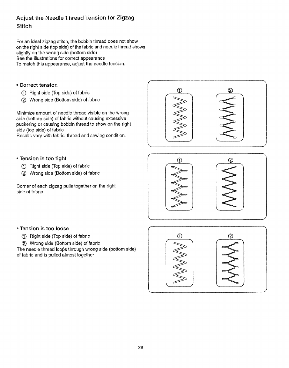 Adjust the needle thread tension for zigzag stitch, Correct tension, Tension is too tight | Tension is too loose, Tension is too tight • tension is too loose | Sears 385.12912 User Manual | Page 36 / 79