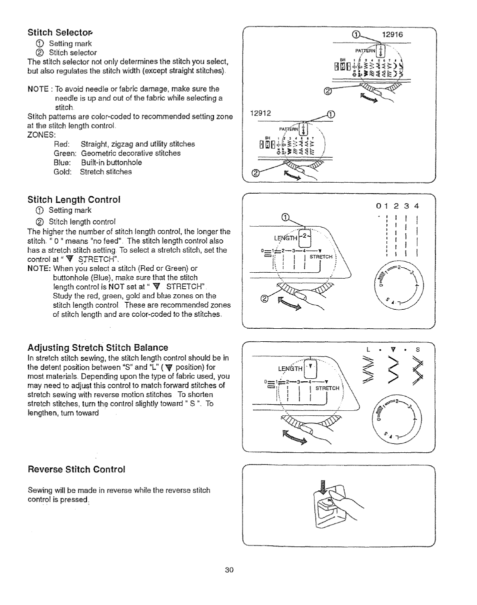 Stitch selector, Stitch length control, Adjusting stretch stitch balance | Reverse stitch gontrol | Sears 385.12912 User Manual | Page 38 / 79