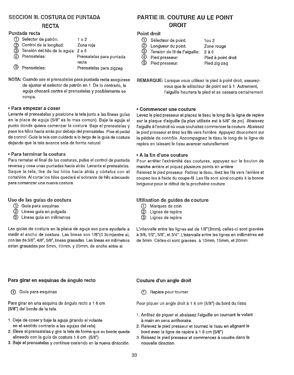 Seccion iii. costura de puntada recta, Puntada recta, Para empezar a coser | Para terminar la costura, Partie 111. couture au le point droit, Point droit, Commencer une couture, A la fin d'une couture, Uso ds las guias ds costura, Utilisation de guides de couture | Sears 385.12912 User Manual | Page 41 / 79