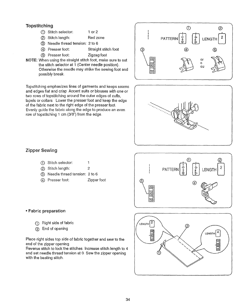 Topstitching, Zipper sewing | Sears 385.12912 User Manual | Page 42 / 79