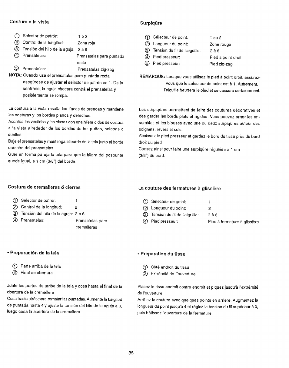 Costura de cremaiieras ó cierres, Preparación de la tela, Préparation du tissu | Sears 385.12912 User Manual | Page 43 / 79