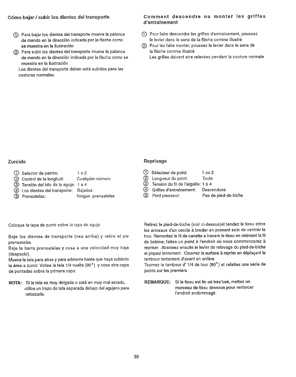 Cómo bajar í subir tos dientes de! transporte, Zurcido, Reprisage | Sears 385.12912 User Manual | Page 47 / 79