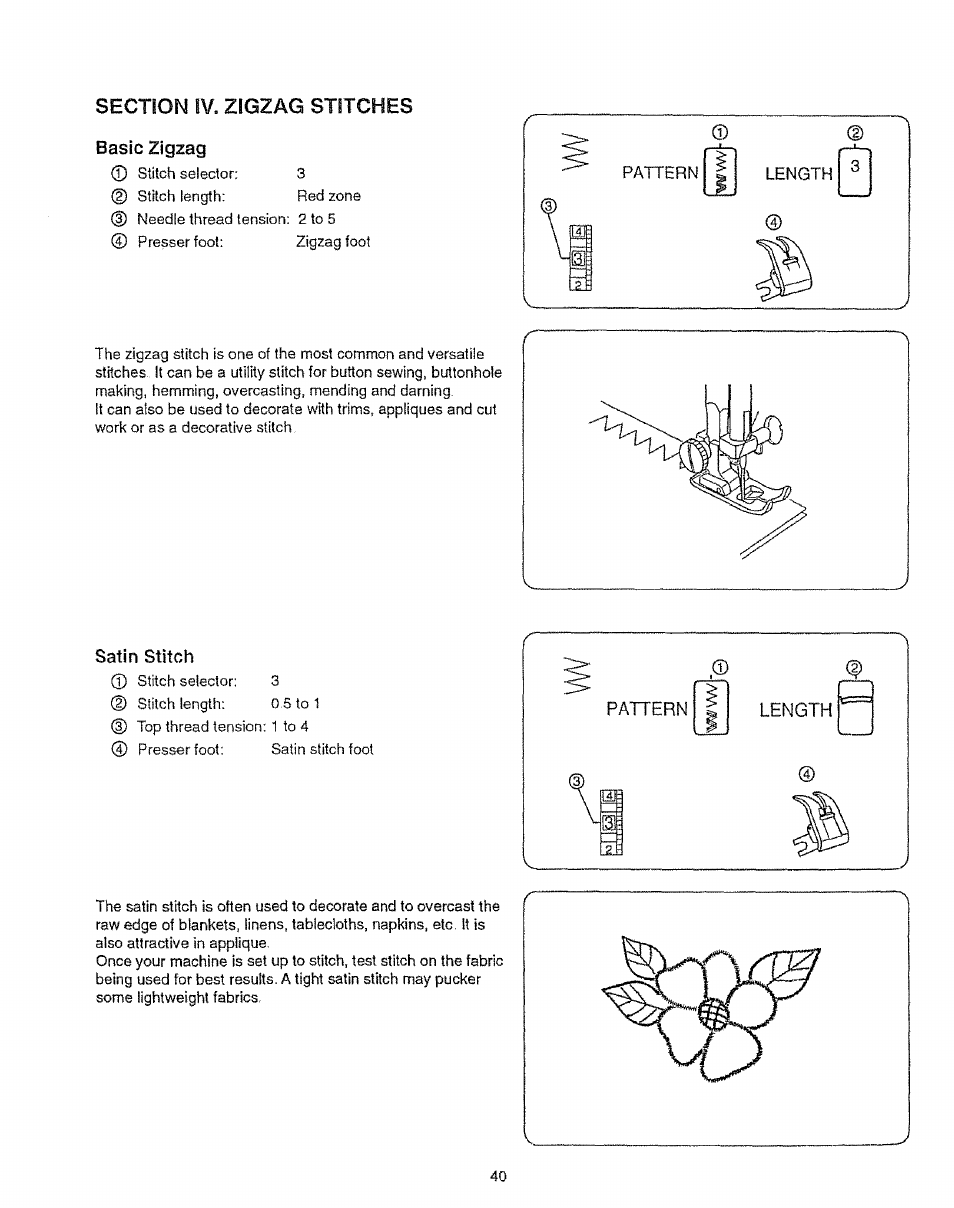 Basic zigzag, Satin stitch | Sears 385.12912 User Manual | Page 48 / 79